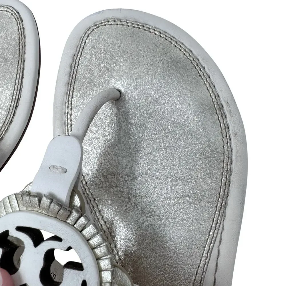 TORY BURCH Metallic Gold Cream Fringe Miller Logo Sandals Flip Flops Size 6.5